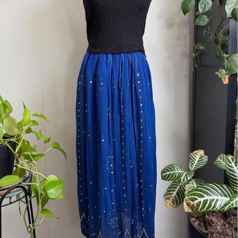 Cassee's Blue Paisley Sequin Rayon Maxi Skirt Boho Hippie Made in India Medium